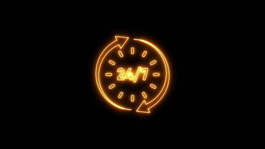 Abstract neon line Clock 24 hours icon on dark background. All day cyclic icon. 24 hours service symbol. 24 hours a day and 7 days a week animation on dark background. Clock 24 hours simple concept.