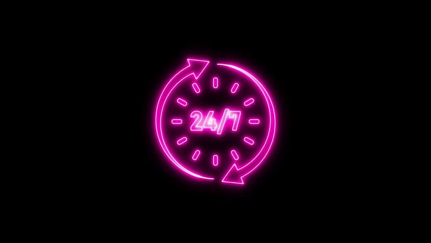 Abstract neon line Clock 24 hours icon on dark background. All day cyclic icon. 24 hours service symbol. 24 hours a day and 7 days a week animation on dark background. Clock 24 hours simple concept.