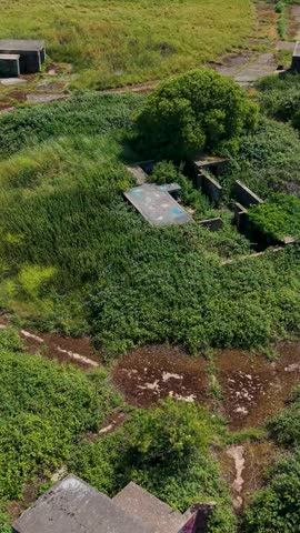ZE1 Chadwell Heath gun emplacements from above, vertical format forward flight over central building and overgrown WWII anti-aircraft battery site with concrete pads, tracks and bunkers.