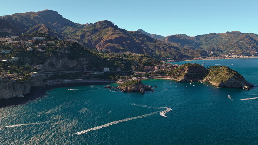 Isola Bella - Picturesque Island Off The Coast Of Taormina, Sicily, Italy - Pearl of the Ionian. Aerial Wide Shot