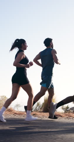 Friends, running or exercise in road with nature, training together or teamwork for wellness journey. Sports, people and runner outdoor with cardio workout, endurance challenge or fitness performance