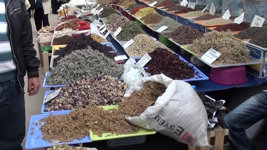 PENDIK, ISTANBUL, TURKEY – April 6, 2013: Farmers’ market -- Herbs and natural products counter