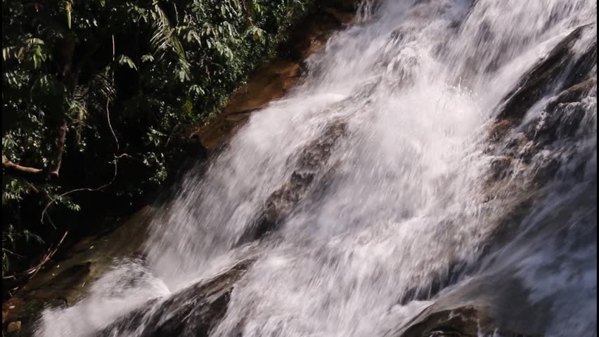 Scenic view of a powerful forest waterfall cascade with natural foreground framing
