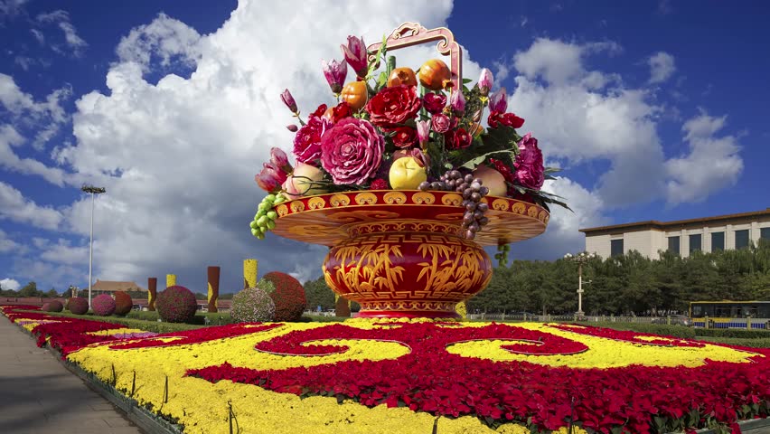 Huge flower basket (against the background of a beautiful sky with clouds) in Tiananmen square, Beijing, China. 4K, time lapse