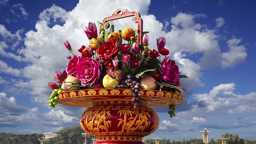 Huge flower basket (against the background of a beautiful sky with clouds) in Tiananmen square, Beijing, China. 4K, time lapse