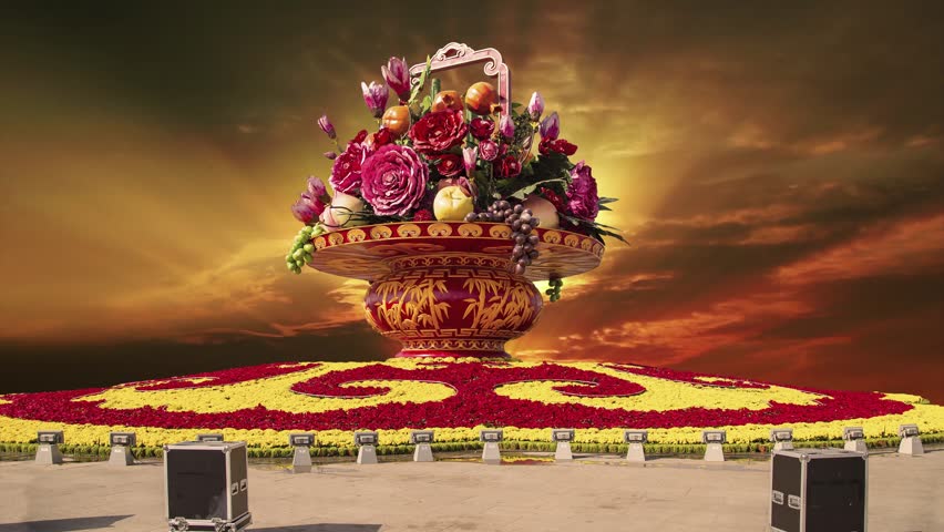 Huge flower basket (against the sunset) in Tiananmen square, Beijing, China. 4K, time lapse 