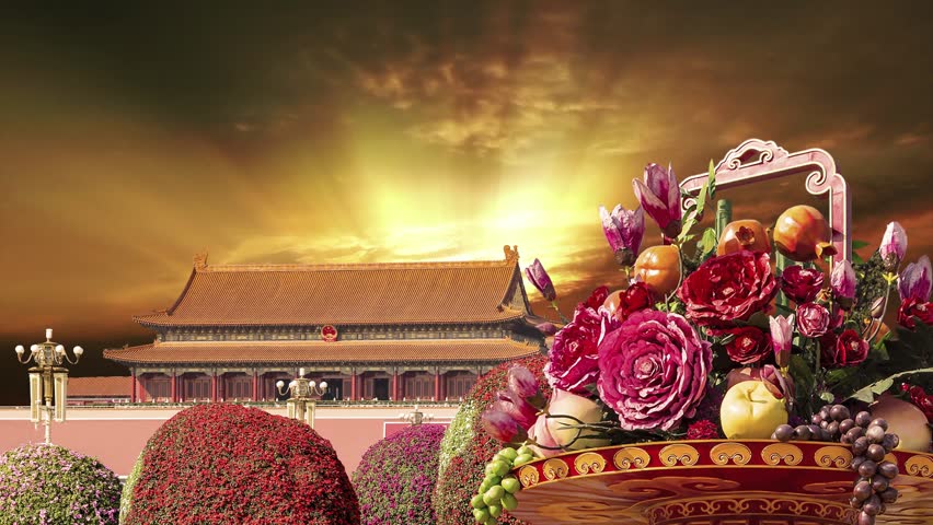 Huge flower basket (against the sunset) in Tiananmen square, Beijing, China. 4K, time lapse 