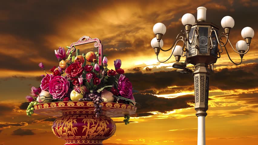 Street lamp and huge flower basket (against the sunset) in Tiananmen square, Beijing, China. 4K, time lapse 