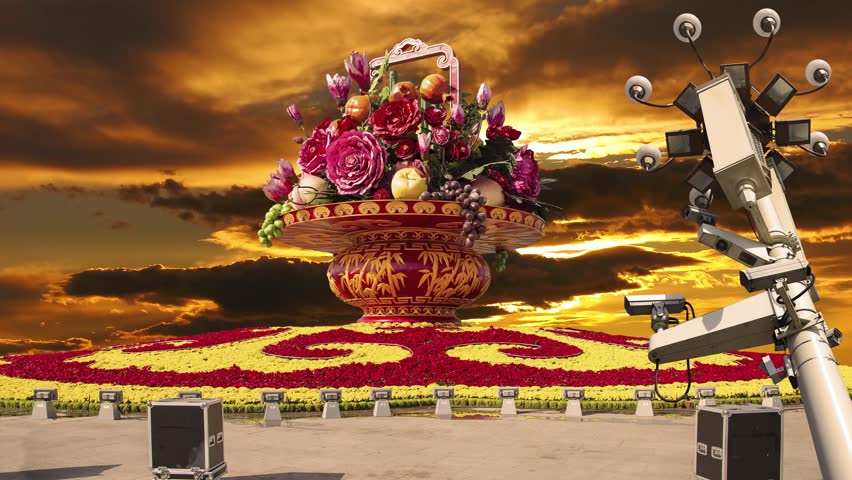 Street lamp and huge flower basket (against the sunset) in Tiananmen square, Beijing, China. 4K, time lapse 