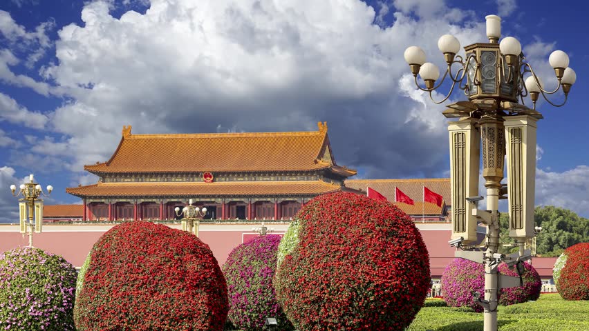 Street lamp in the Tiananmen square, Beijing, China (against the background of a beautiful sky with clouds). 4K, time lapse
