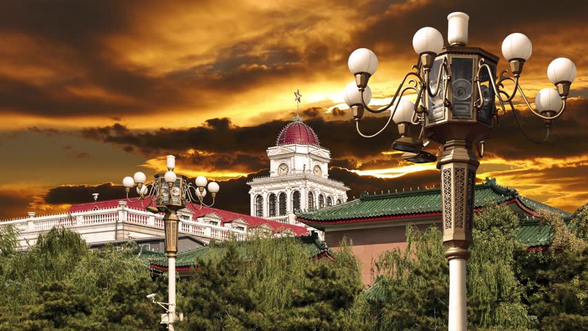 Historic building and street lamp in the center of Beijing (against the sunset) near the Tiananmen Square, China. 4K, time lapse