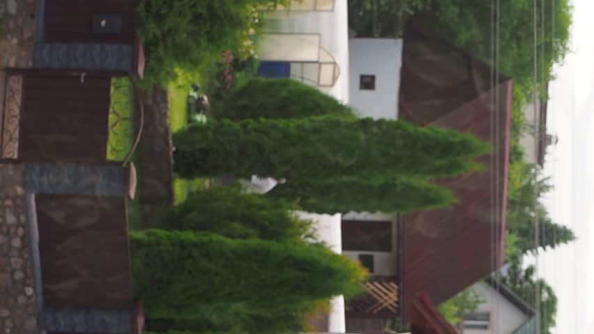 A man mows grass with a lawn mower in a garden