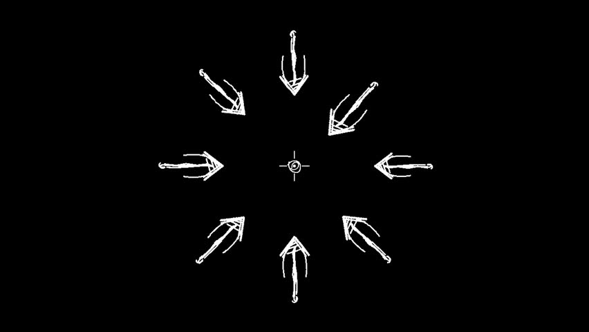 Hand drawn sketch arrows pointing at a center target on black background