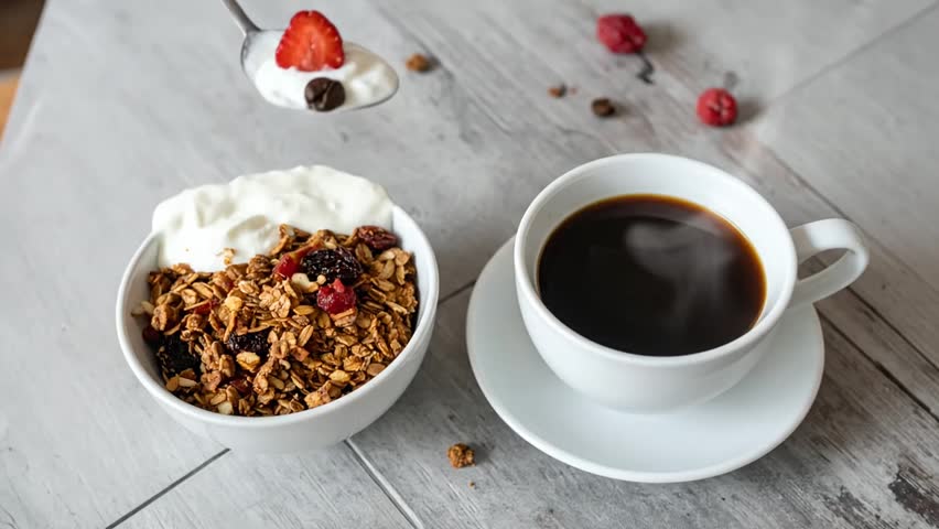A bowl of granola with yogurt and fruit next to a cup of coffee