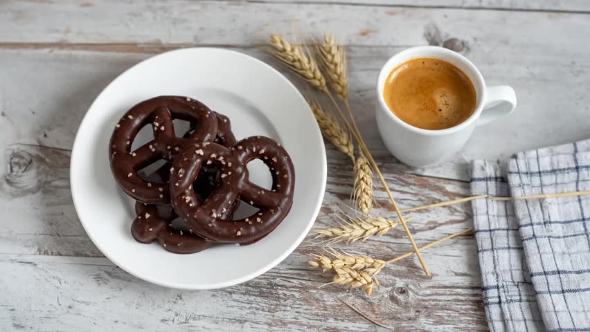 A plate of chocolate pretzels with coffee