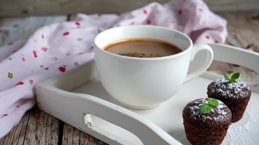 A white cup of coffee and chocolate muffins on a tray