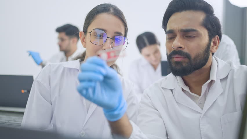 Young woman in eyeglasses holding specimen while bearded man looks doubtfully, research team discussion in busy laboratory, focus on sample.