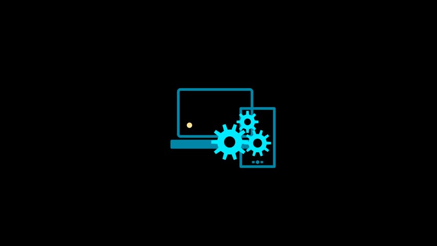 An animated representation of digital devices, including a laptop and a smartphone, with gears and a fluctuating graph, symbolizing technology, data processing, and connectivity on a black background.