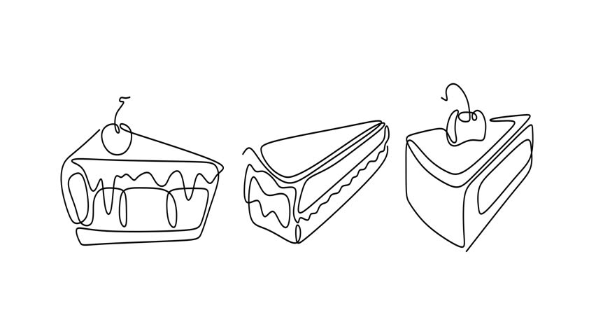 Animated self drawing of continuous line draw of   Slices of cake in continuous line art with cherry.     Full length one line animation. 4K