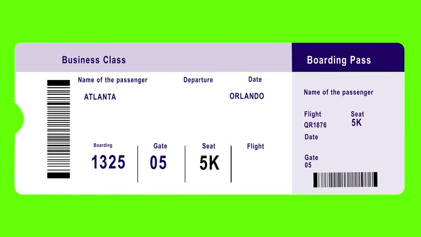 Atlanta To Orlando air ticket animation with white and green screen for keying, 4k animation.