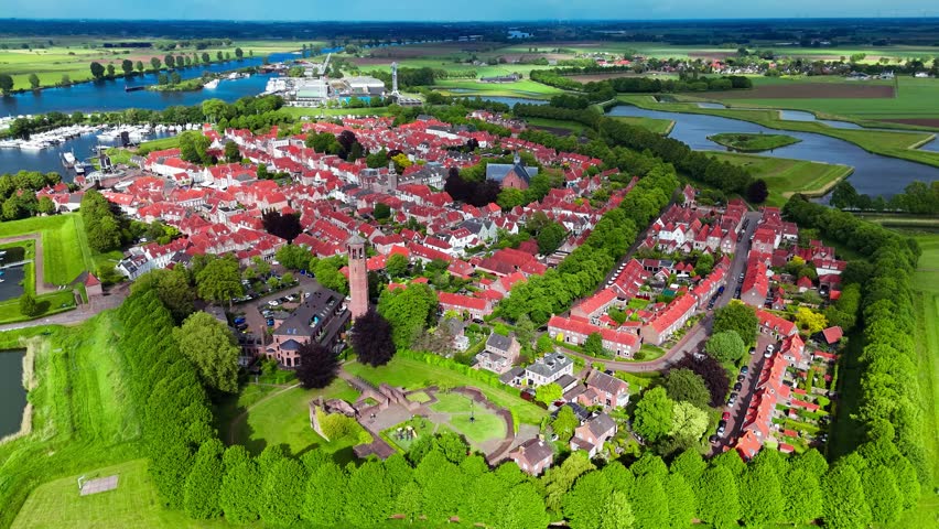 Aerial drone view of the medieval Fortified City of Heusden, Netherlands, May 14, 2026. High quality 4k footage
