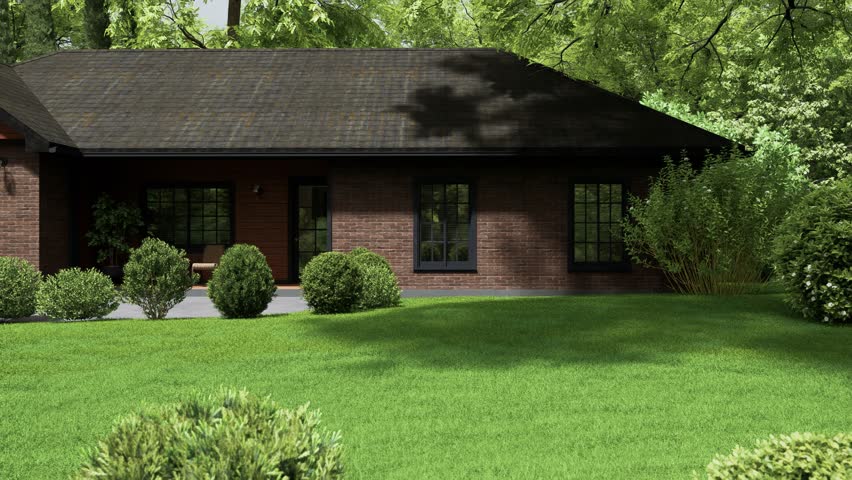 A beautiful suburban brick house with black windows and a well-kept green grass lawn surrounded by round bushes on a bright summer day. Peaceful residential estate. 3D Illustration