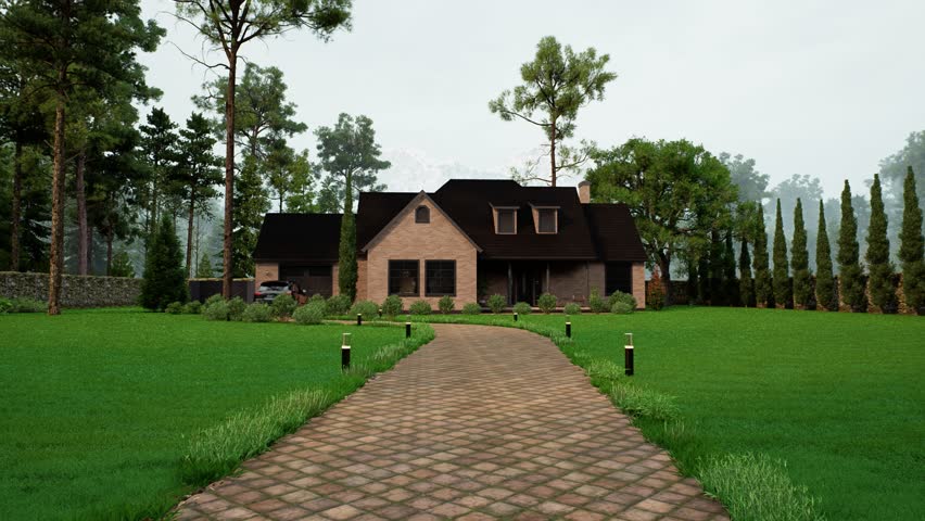A scenic suburban house featuring a paved stone driveway, surrounded by a large perfectly green grass lawn and tall pine trees on a calm daytime. Cozy family estate. 3D Illustration