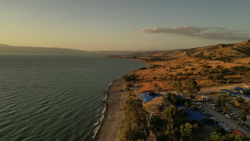 Aerial View of Sea of Galilee Kinneret Coastline at Sunset Israel