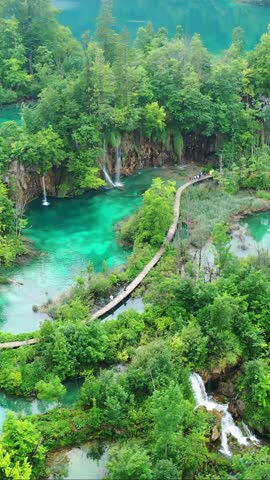 Plitvice Lakes Waterfalls and Wooden Boardwalk