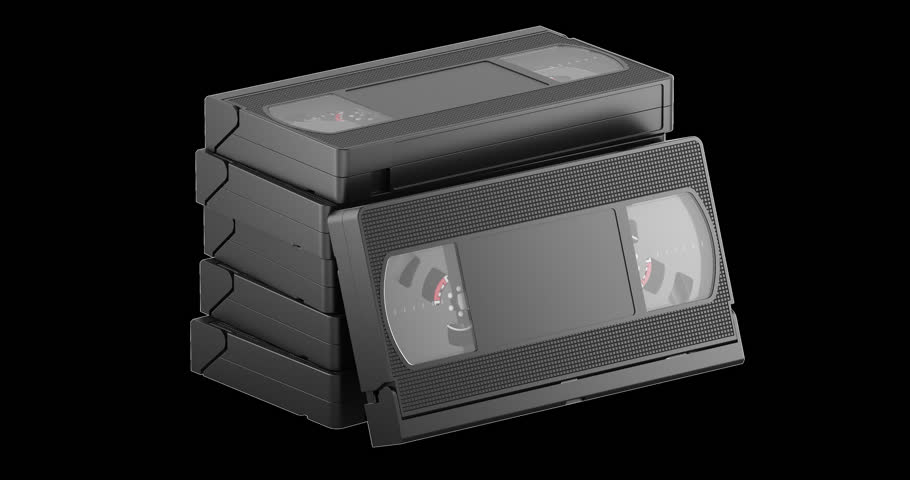 VHS video cassette stack rotation animation seamlessly loopable. 3D rendering isolated on transparent background