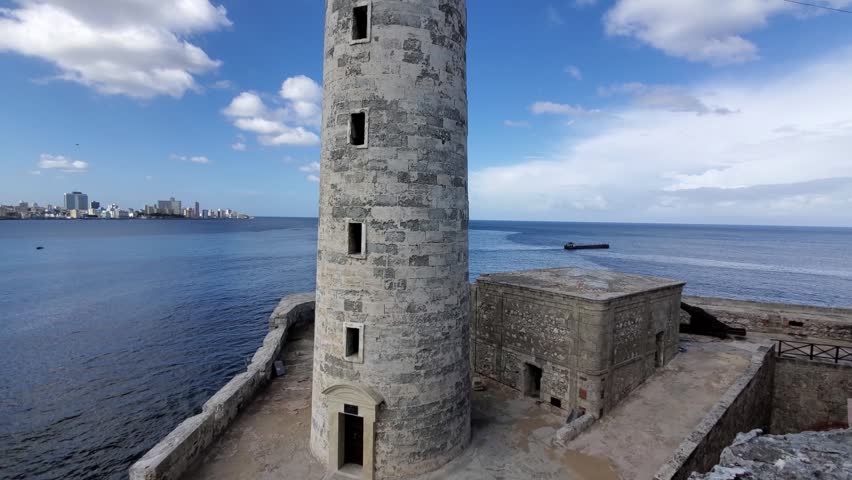 High angle view of the stone lighthouse at Morro Castle with the blue sea and Havana city skyline under a blue sky in Cuba