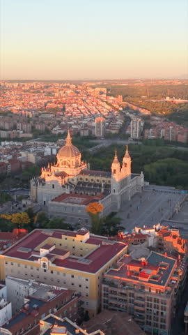 Vertical Aerial view of Royal Palace. Madrid. Spain. Medieval Buildings Landscape. Santa Maria Cathedra l.