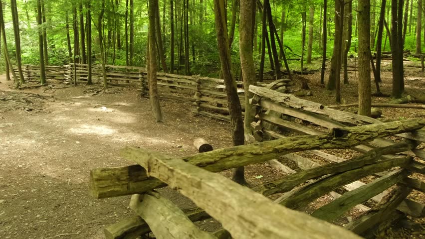 A wooden fence in a park separating a hiking trail from a wild forest