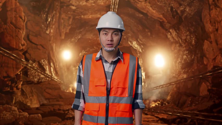 Asian Male Engineer With Safety Helmet Screaming Goal Celebrating Working In Underground Mine Tunnel