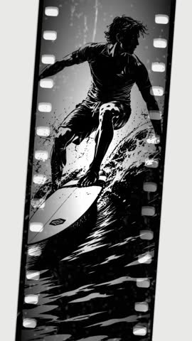monochrome vector illustration featuring the silhouette of a male surfer riding a big wave