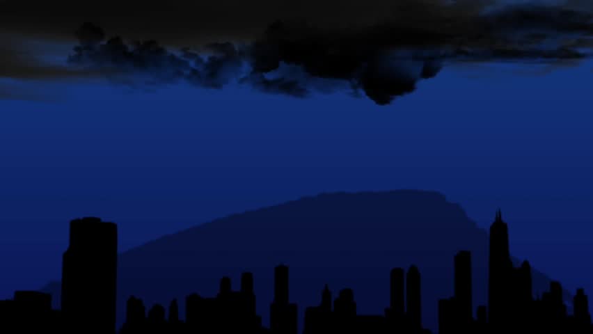 Looping thunderstorm animation featuring lightning strikes from dark clouds above city silhouette, blue sky, distant mountains, dramatic weather, seamless landscape background