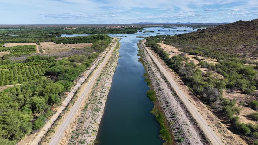 Sao Francisco River Transposition In Cabrobo Pernambuco Brazil. Aerial View Of River Transposition System In Brazil Northeast. Countryside Sky Rural Field. Agronomy Rural Panoramic Sky.