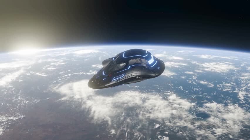 A sleek, futuristic spaceship glides through the vastness of space above planet Earth.