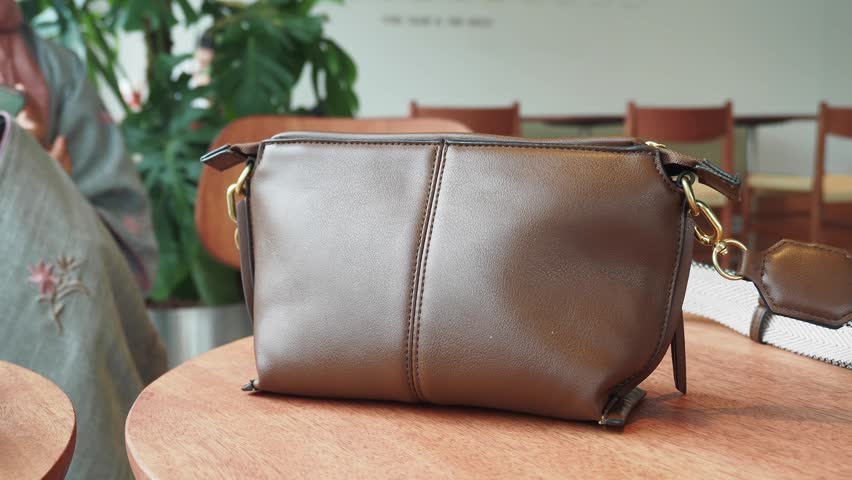 Stylish brown leather bag displayed on wooden table