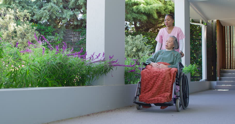 Female caregiver pushing Asian senior in chair, passing planter blooms, senior reaching, copy space. Wheelchair, elderly, nurse, outdoor, corridor, garden, purple