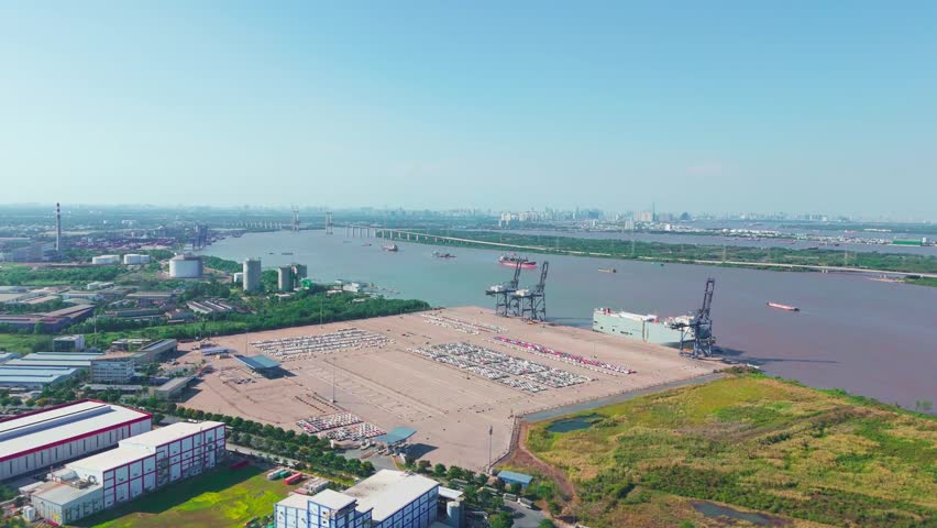 Aerial Drone View of Vehicle Export Terminal and Cargo Port in Ho Chi Minh City Vietnam