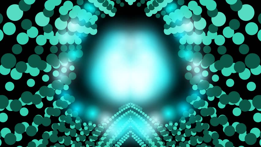 An abstract visual of a tunnel made of teal circles with a bright white and blue light at the end.