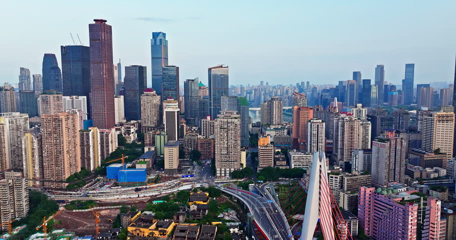 Aerial view of dense skyscraper skyline and modern cityscape in Chongqing, China