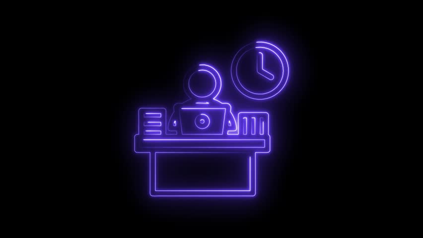 Neon glowing icon of a person working at a desk with a laptop and a clock symbolizing time