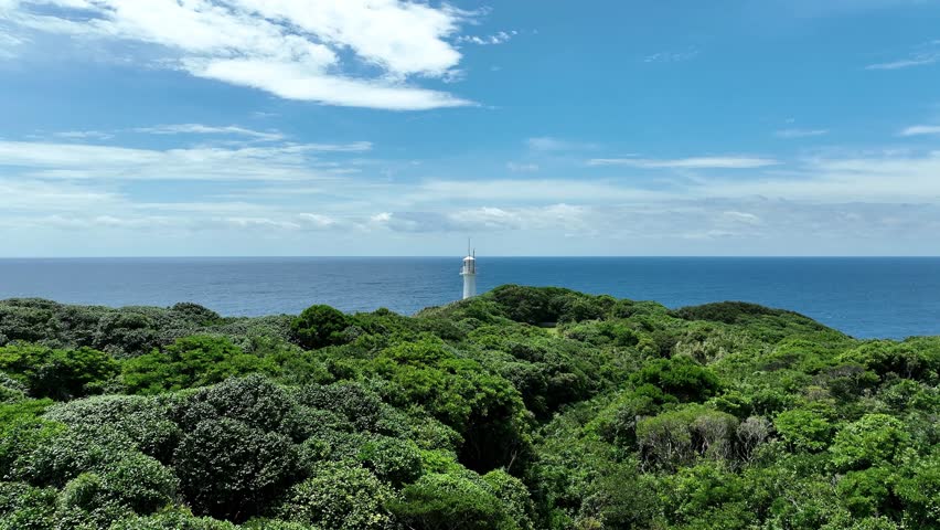 Aerial footage of Cape Ashizuri in Tosashimizu City, Kochi Prefecture, Japan. The video captures dramatic cliffs, subtropical vegetation, and the Pacific Ocean surrounding the southernmost cape of Shikoku. The famous Cape Ashizuri Lighthouse can also be seen.