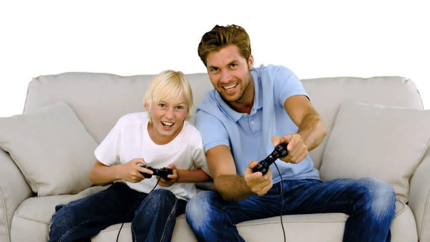 dad and son playing video games
