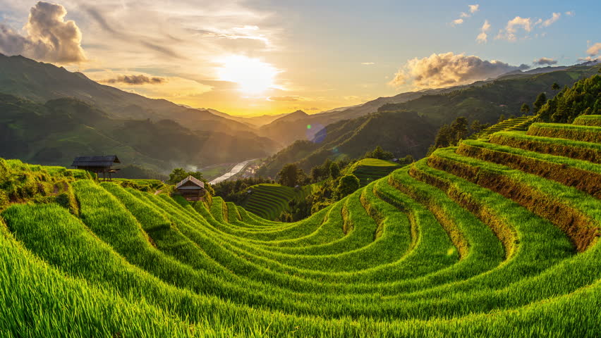 Time lapse of Rice terraces atsunset in Mu cang chai, Vietnam. Beautiful landscape in Vietnam.