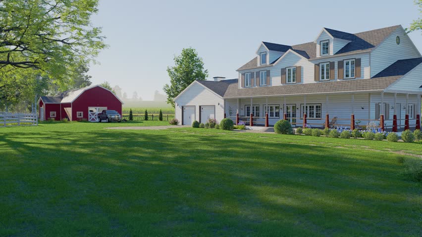 A beautiful sunny day view of a large traditional white farmhouse featuring a spacious porch, green lawn, and a classic red barn in the background. 3D Illustration