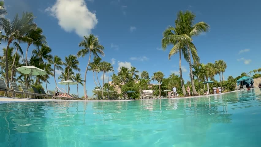 Young boy jumping to the pool, extreme slow motion, summer vacation vibes with palm trees