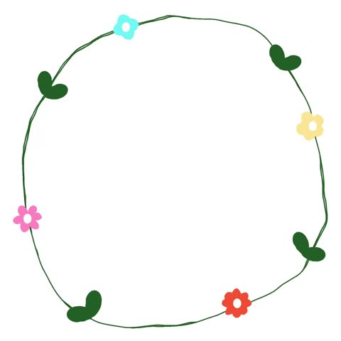 Animated hand drawn floral circle frame with colorful flowers and leafy accents, perfect for cheerful decorative designs.